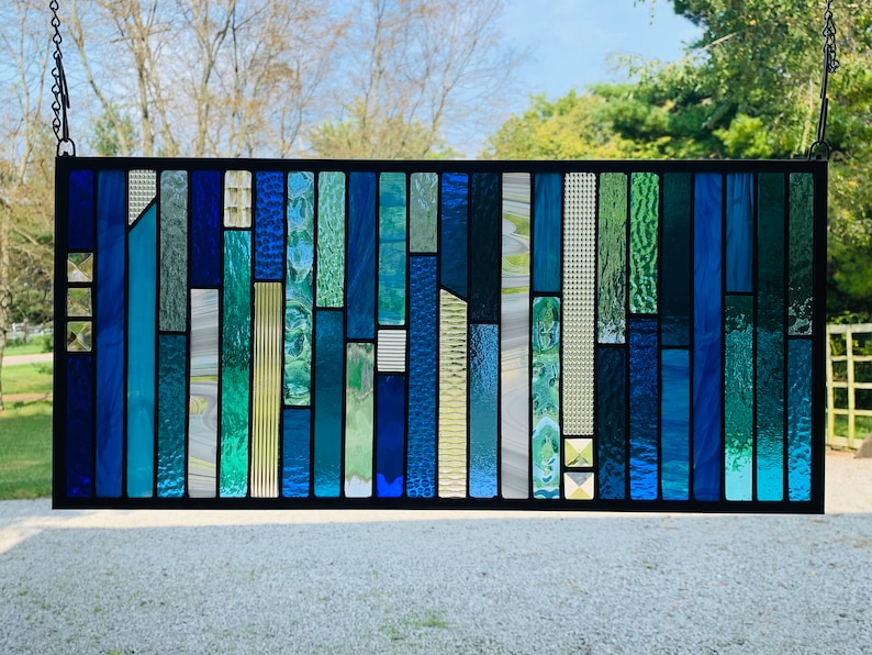 HoneyDewGlass Blue Strips Stained Glass Panel 10.5 X 23 image 1