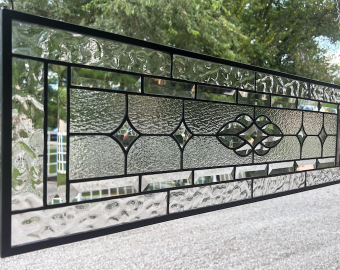 Clear Flemish Beveled Stained Glass Transom Panel | 9.5" x 33.5" | Honey Dew Glass