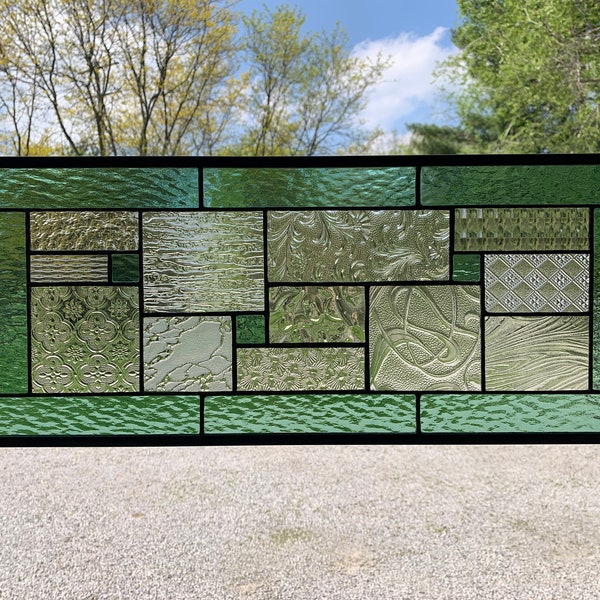 Seafoam Green Geometric Stained Glass Panel, 9.5" X 21.5",