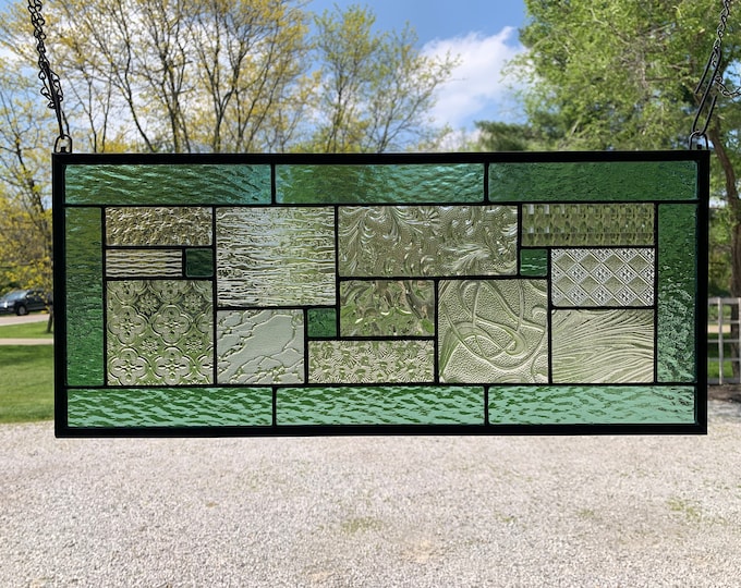 Seafoam Green Geometric Stained Glass Panel, 10” X 21.5",