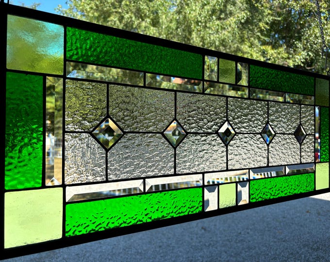 HoneyDewGlass Kelly Green and Mint Green Diamond Stained Glass Panel, 12.75" X 31.75"