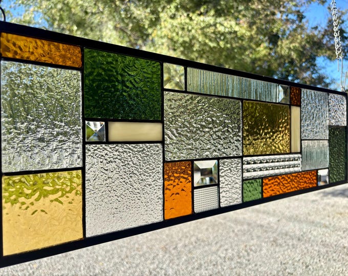 Sage Green, Amber and Ivory Stained Glass Window Panel with Clear Textured Glass and Bevels – Honey Dew Glass 8.5” x 28.5”
