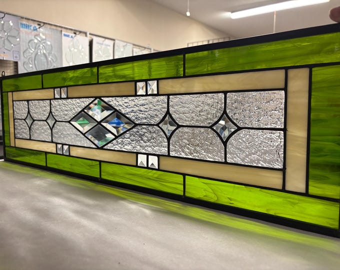 Moss Green and Ivory Stained Glass Panel with Bevels | 9.5" x 33.5" | Honey Dew Glass