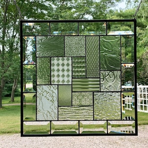 HoneyDewGlass Clear Geometric Stained Glass Panel with Bevels, 16.5&quot; X 16.5&quot;