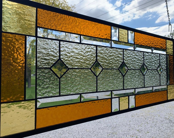HoneyDewGlass Amber and Gold Diamond Stained Glass Panel, 12.75" X 31.75"