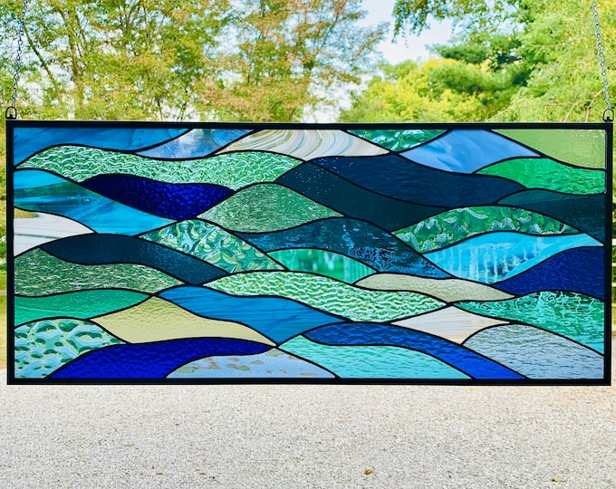 HoneyDewGlass Large Stained Glass Ocean Waves, 14" X 32",