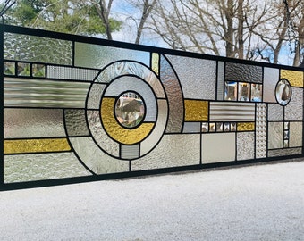 Grey and Soft Amber Geometric Stained Glass Window Panel with Bevels – Honey Dew Glass 10.75” x 35.75”
