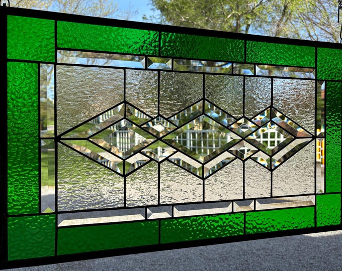 HoneyDewGlass Large Emerald Green Bristol Cluster Stained Glass Window Panel, 16.75" X 27.75"