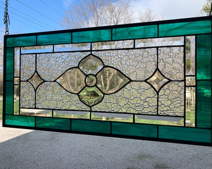 HoneyDewGlass Teal Flower Cluster Stained Glass Panel with Bevels, 12.5" X 25.5"