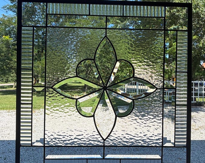 Clear Flower Bevel Cluster Stained Glass Panel | 20.75" x 20.75" | Honey Dew Glass