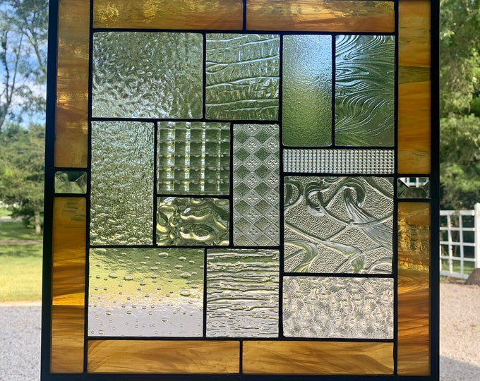 HoneyDewGlass Amber and Clear Geometric Stained Glass Panel with Bevels, 15.5" X 15.5"