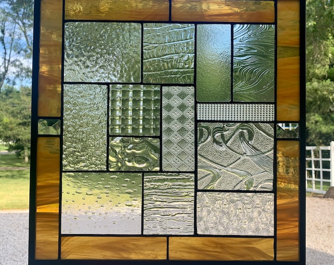 HoneyDewGlass Amber and Clear Geometric Stained Glass Panel with Bevels, 15.5" X 15.5"