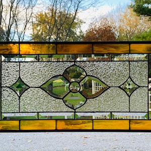 HoneyDewGlass Amber Flower Cluster Stained Glass Panel with Bevels, 12.5" X 25.5"