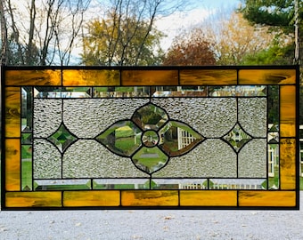 HoneyDewGlass Amber Flower Cluster Stained Glass Panel with Bevels, 12.5" X 25.5"