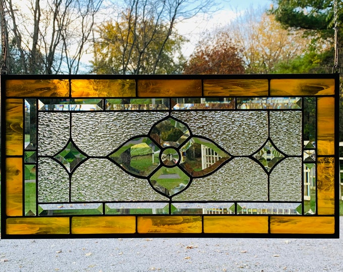 HoneyDewGlass Amber Flower Cluster Stained Glass Panel with Bevels, 12.5" X 25.5"