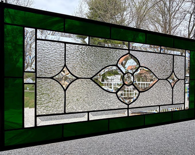 Dark Green Beveled Glass Panel | 12.5" x 25.5" | Wispy Green & Clear Granite | Handmade by Honey Dew Glass | Tiffany Copper Foil