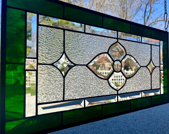 Dark Green Beveled Glass Panel | 12.5" x 25.5" | Wispy Green & Clear Granite | Handmade by Honey Dew Glass | Tiffany Copper Foil