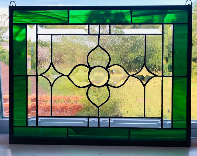HoneyDewGlass Green Floral Stained Glass Panel with Bevels, 17.5"W X 13.5"H