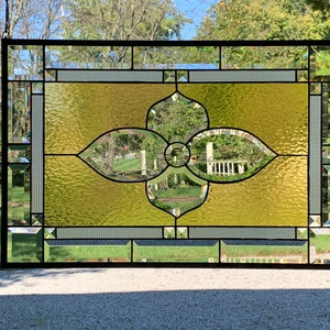 HoneyDewGlass Large Gold Stained Glass Window with Flower Cluster, 18.25&quot; X 27.75&quot;,
