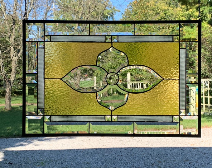 HoneyDewGlass Large Gold Stained Glass Window with Flower Cluster, 18.25" X 27.75",