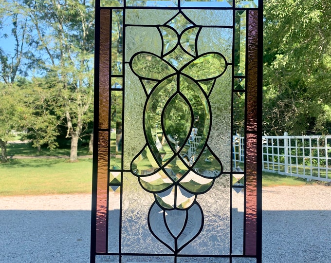 HoneyDewGlass Victorian Plum Ottawa Cluster Stained Glass Panel with Bevels, 12.5" X 22.5"