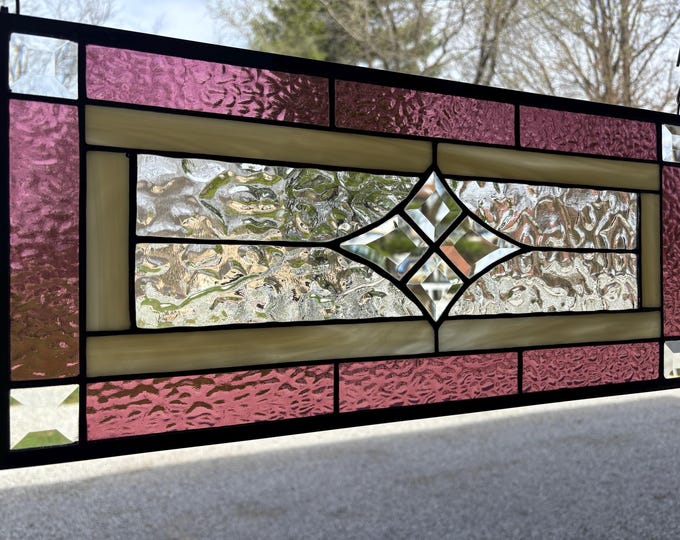 Dusty Rose Beveled Glass Panel | 9.5" x 21.5" | Handmade Stained Glass Window | Honey Dew Glass | Tiffany Copper Foil