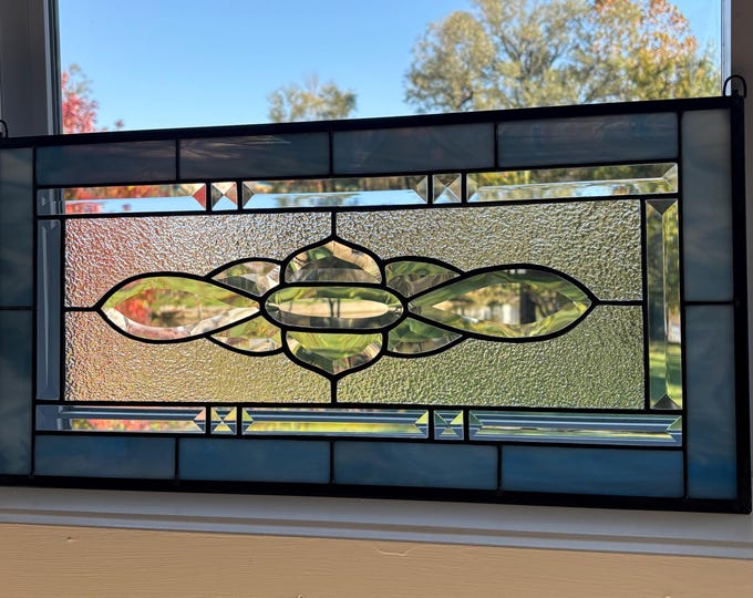 Colonial Blue Stained Glass Window Panel with Floral Bevel Cluster & Clear Moss Glass – Honey Dew Glass 11.5” x 23.5”