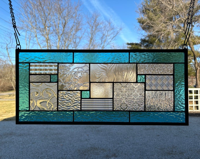 Turquoise Blue Geometric Stained Glass Panel, 9.5" X 21.5",