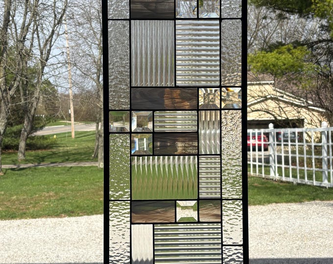 Vertical Geometric Stained Glass Panel with Bevel Accents | 12.625" x 30.625" | Honey Dew Glass