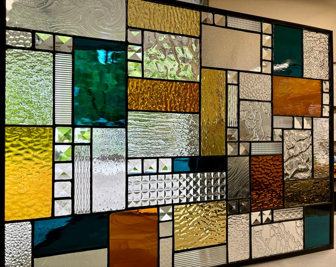 HoneyDewGlass Smokey Blue, Amber and Clear Mission Stained Glass Panel, 18.5" X 24.5"