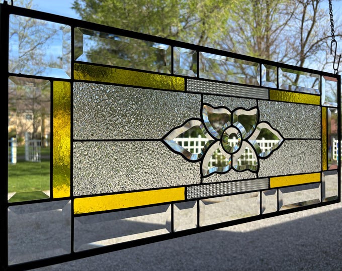 HoneyDewGlass Yellow Floral Stained Glass Panel with Bevels, 12.5" X 28.5"