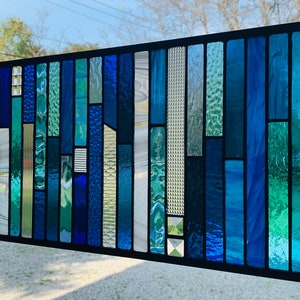 HoneyDewGlass Blue Strips Stained Glass Panel 10.5 X 23 image 5