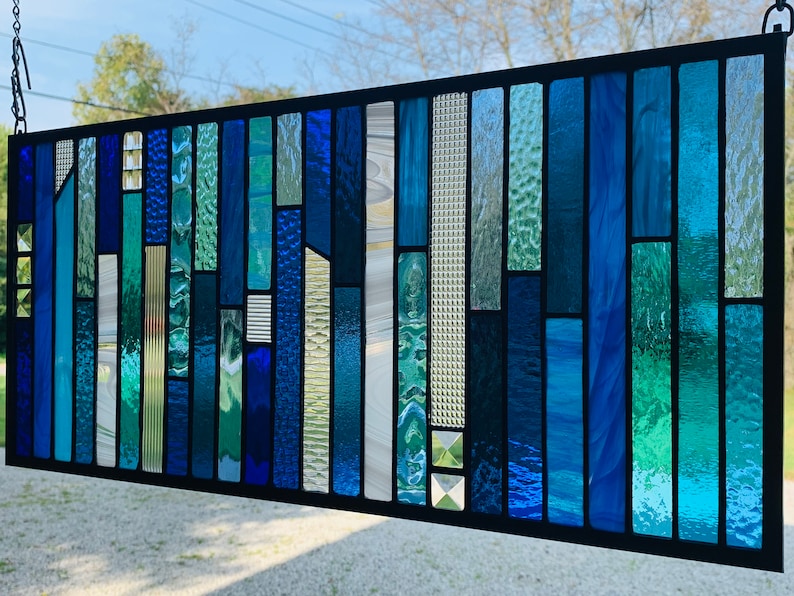 HoneyDewGlass Blue Strips Stained Glass Panel 10.5 X 23 image 5