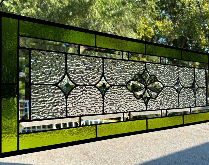 HoneyDewGlass Chartreuse Flower Cluster Stained Glass Panel with Bevels, 11.5" X 35.5"