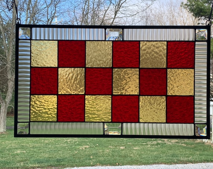 HoneyDewGlass Red and Gold Tudor Stained Glass, 12.5" X 21.75"