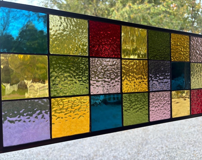 Wildflower Inspired Color Block Stained Glass Window Panel – Honey Dew Glass 9.75” x 22”