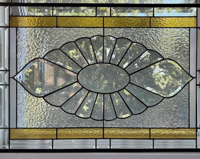 Pale Amber and Clear Beveled Stained Glass Panel | 20.75" x 32.75" | Honey Dew Glass
