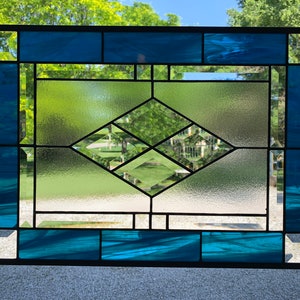 HoneyDewGlass Aqua Blue Wispy Diamond Stained Glass Panel