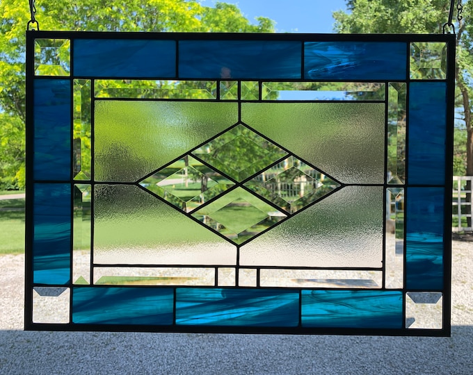 HoneyDewGlass Aqua Blue Wispy Diamond Stained Glass Panel