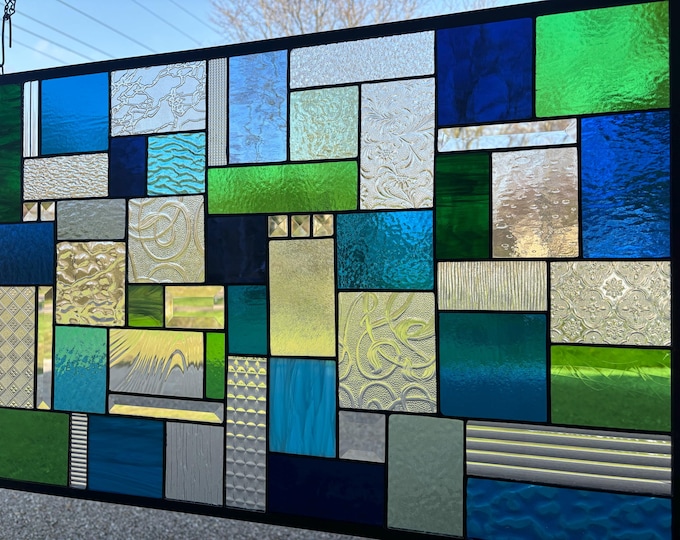 Blue and Green Geometric Stained Glass Panel with Clear Textures | 20” x 30” | Honey Dew Glass
