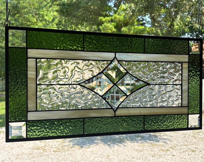 Sage Beveled Glass Panel | Two Sizes| Handmade Stained Glass Window | Honey Dew Glass | Tiffany Copper Foil