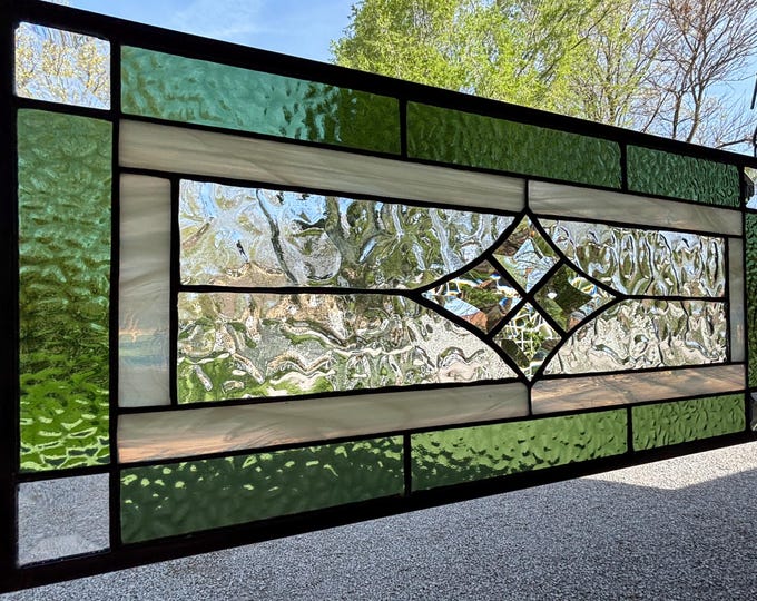 HoneyDewGlass Sage Green and Ivory Diamond Cluster Stained Glass Panel with Bevels, 9.5" X 21.5"