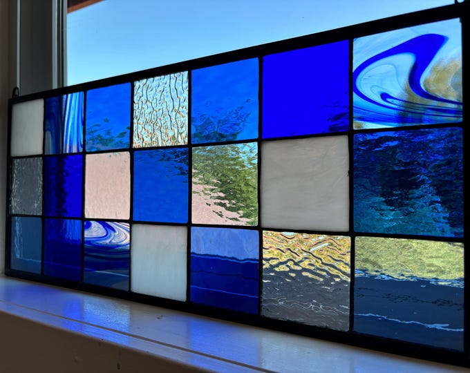 HoneyDewGlass Blue and White Tudor Stained Glass, 9.5" X 21.5",