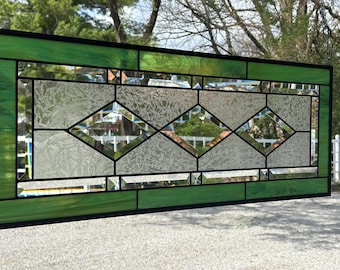 Green Wispy and Clear Glue Chip Stained Glass Panel | 11.5" x 30.5" | Honey Dew Glass
