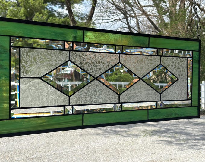 Green Wispy and Clear Glue Chip Stained Glass Panel | 11.5" x 30.5" | Honey Dew Glass