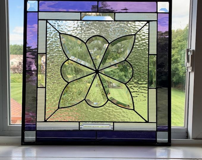 HoneyDewGlass Square Purple Flower Cluster Stained Glass Panel with Bevels, 17.5" X 17.5"