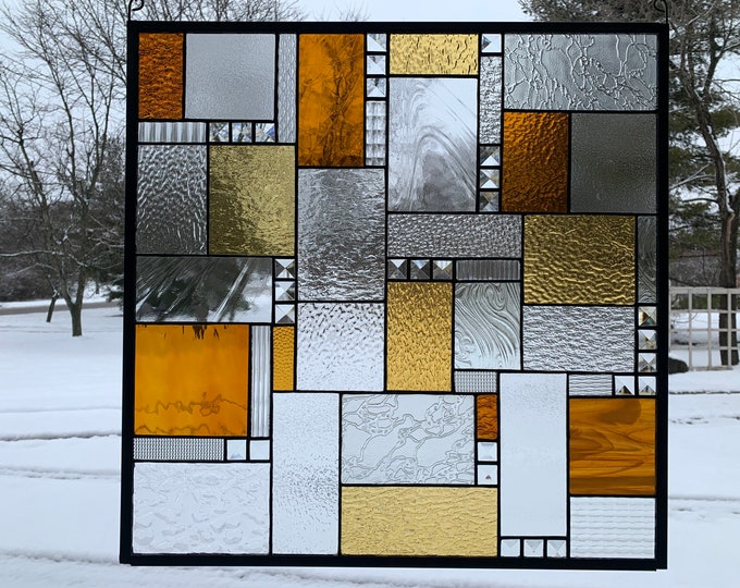 HoneyDewGlass Amber and Clear Mission Stained Glass Panel, 24.5" X 24.5"