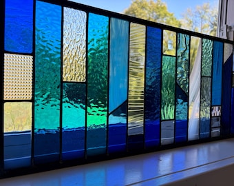 Honeydewglass Smokey Blue Geometric Stained Glass Panel Honeydewglass Smokey Blue Geometric Stained Glass Panel