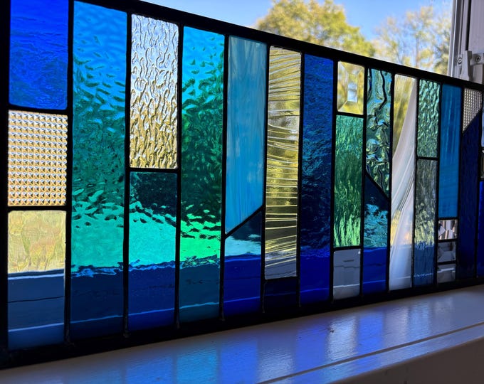 HoneyDewGlass Teal and Turquoise Strip Stained Glass Panel  9.5" X 21.5”