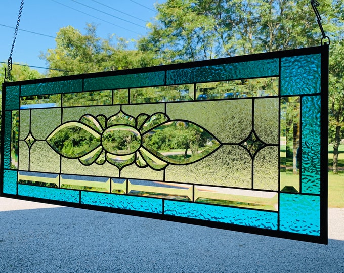 HoneyDewGlass Sea Blue Bevel Cluster Stained Glass Panel with Bevels, 13.75" X 36.75",